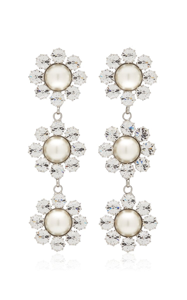 Long Daisy Crystal and Pearl-Embellished Silver-Tone Earrings