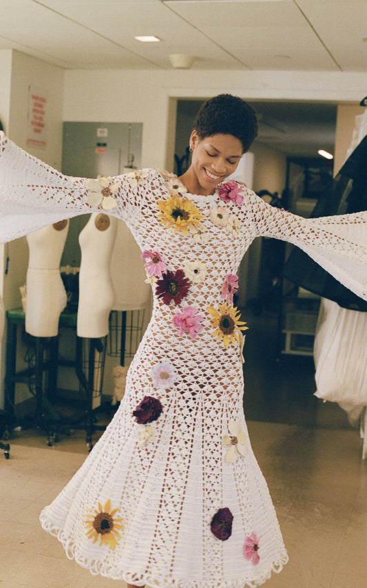 Floral-Embroidered Crocheted Cotton Dress