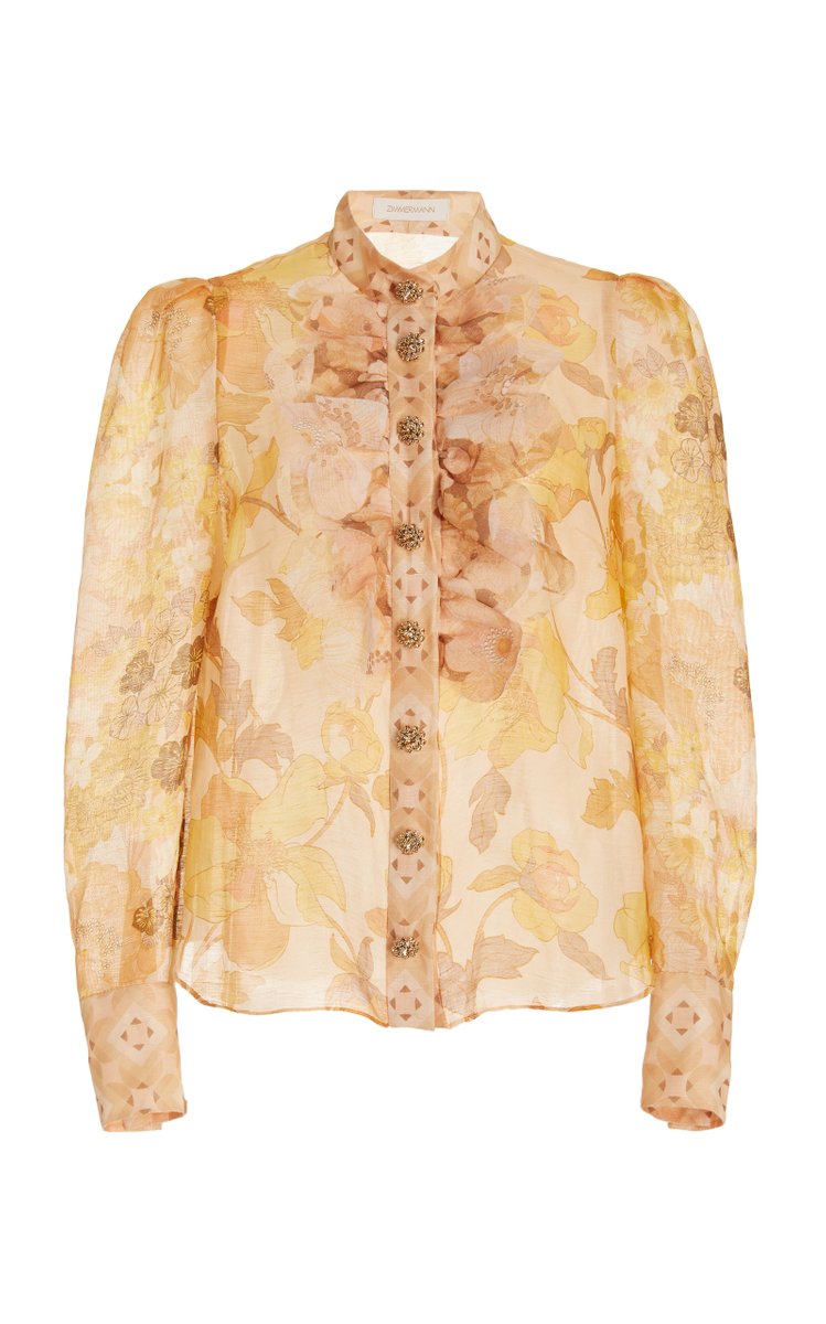 Tempo Crystal-Embellished Ruffled Floral Silk Shirt