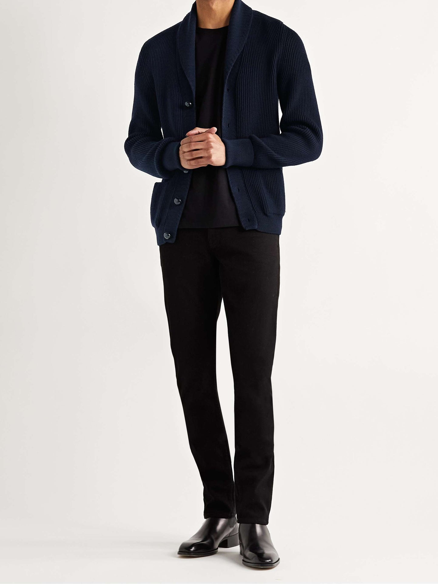 Shawl-Collar Ribbed Wool Cardigan