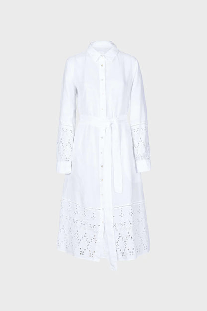 LINEN DRESS WITH EYELET SLEEVES AND HEMLINE WHITE