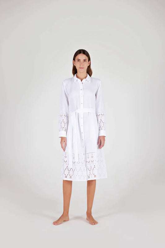 LINEN DRESS WITH EYELET SLEEVES AND HEMLINE WHITE
