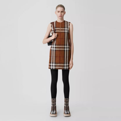 Sleeveless Check Wool Cotton Jacquard Dress