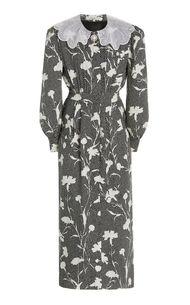 Carnation-Print Silk Midi Shirt Dress