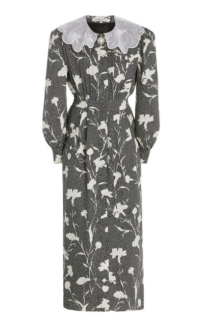 Carnation-Print Silk Midi Shirt Dress