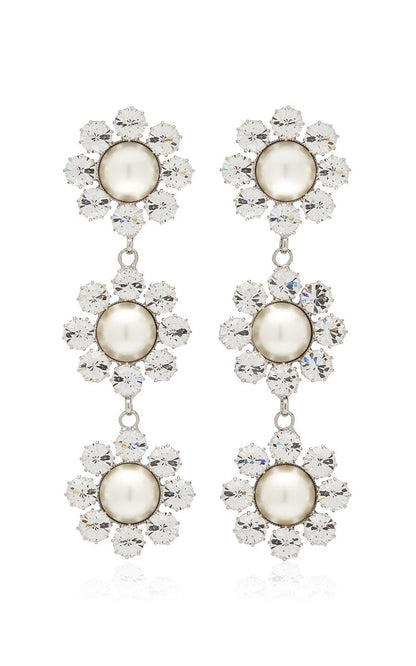 Long Daisy Crystal and Pearl-Embellished Silver-Tone Earrings
