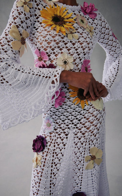 Floral-Embroidered Crocheted Cotton Dress
