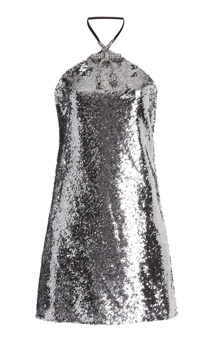 Crystal-Trimmed Sequined Mini Dress