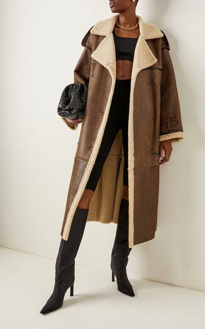 Long Shearling Double-Breasted Coat