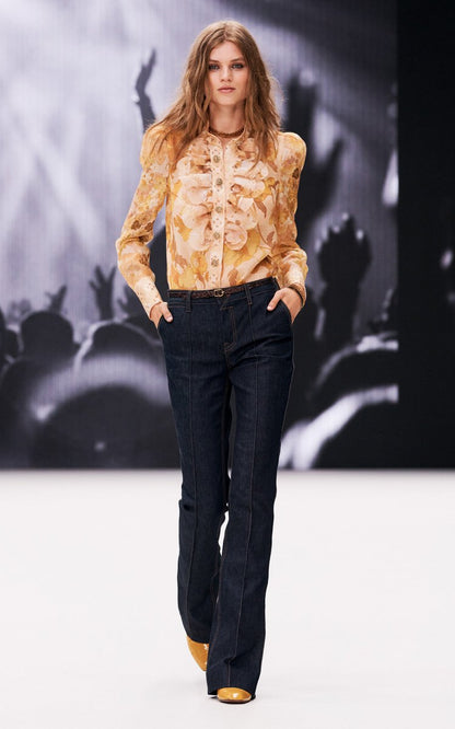 Tempo Crystal-Embellished Ruffled Floral Silk Shirt