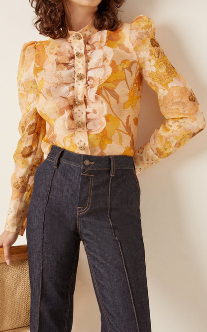 Tempo Crystal-Embellished Ruffled Floral Silk Shirt