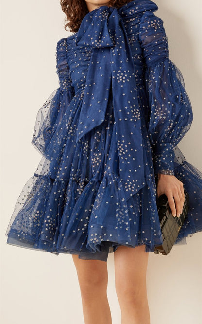 Rhythm Glittered Linen-Silk Tie-Neck Mini Dress