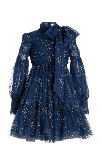 Rhythm Glittered Linen-Silk Tie-Neck Mini Dress