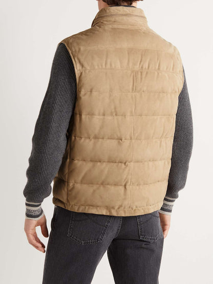 Quilted Suede Hooded Down Gilet