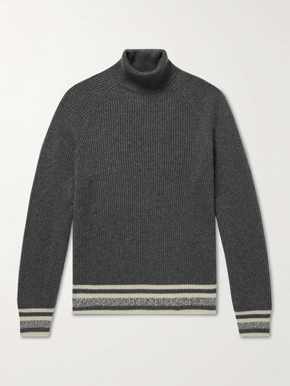 Ribbed Striped Cashmere Rollneck Sweater