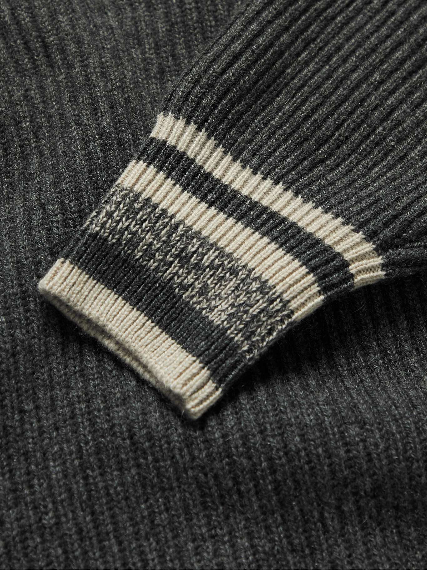 Ribbed Striped Cashmere Rollneck Sweater