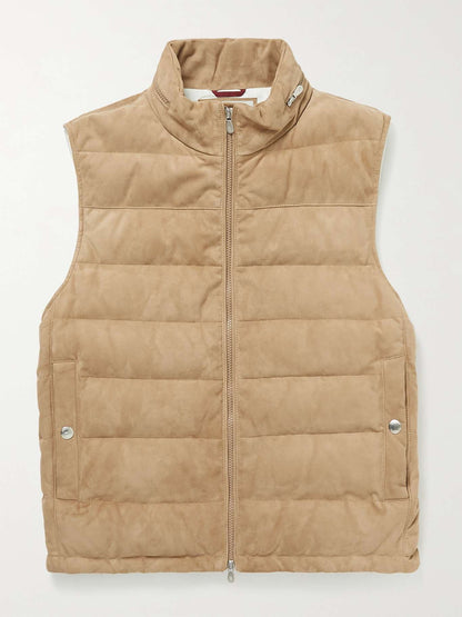 Quilted Suede Hooded Down Gilet