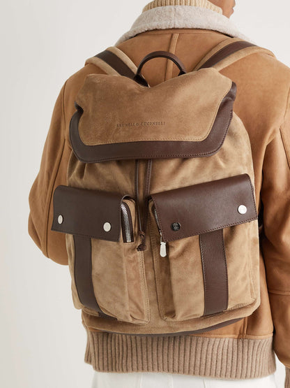 Leather-Trimmed Suede Backpack