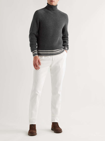 Ribbed Striped Cashmere Rollneck Sweater