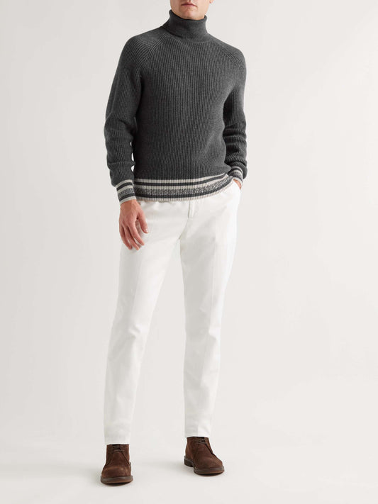 Ribbed Striped Cashmere Rollneck Sweater