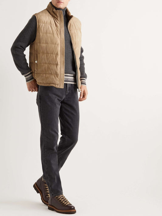 Quilted Suede Hooded Down Gilet